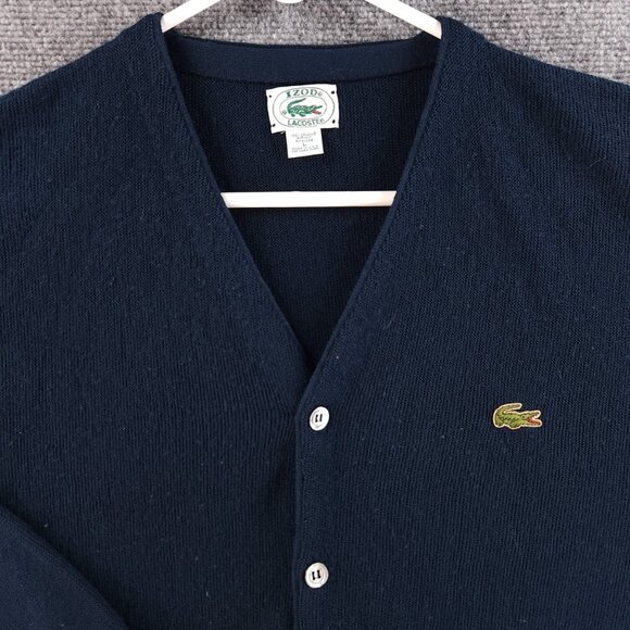 VTG IZOD Lacoste Cardigan Sweater USA Navy Blue Large Acrylic Preppy Tennis - Picture 1 of 11